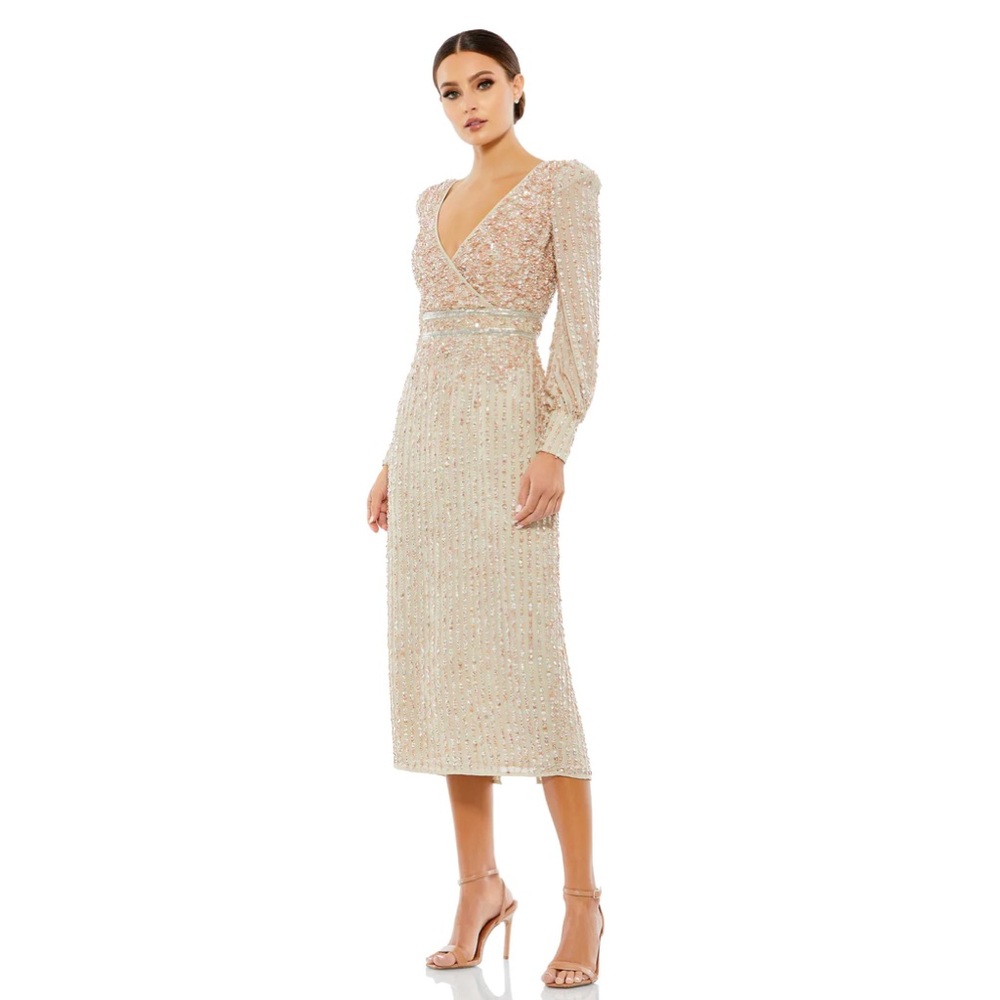 Mac Duggal Sequined V Neck Bishop Sleeve Midi Dress 93593